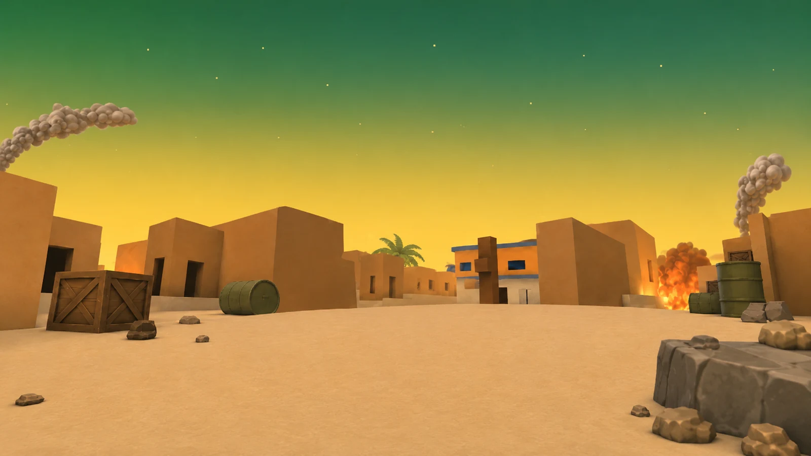 A ruined desert street at dusk