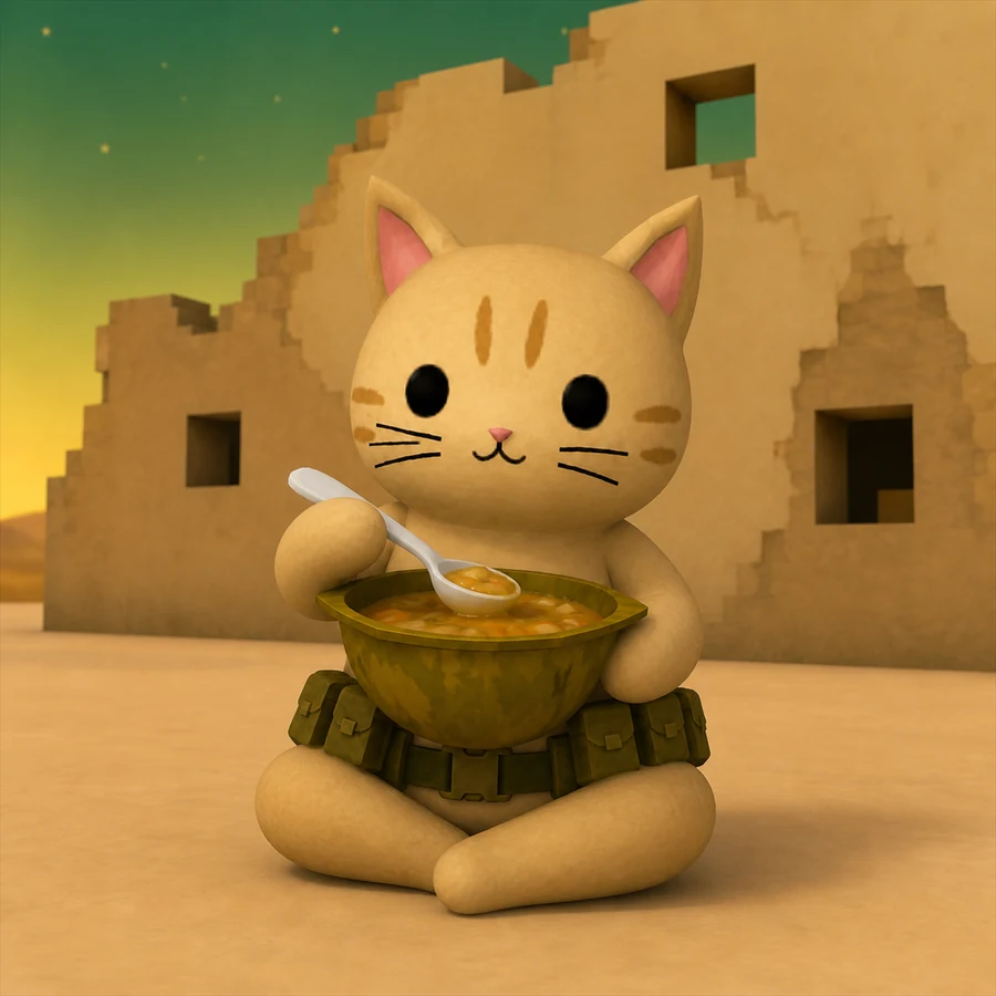 Eating soup out of his own helmet