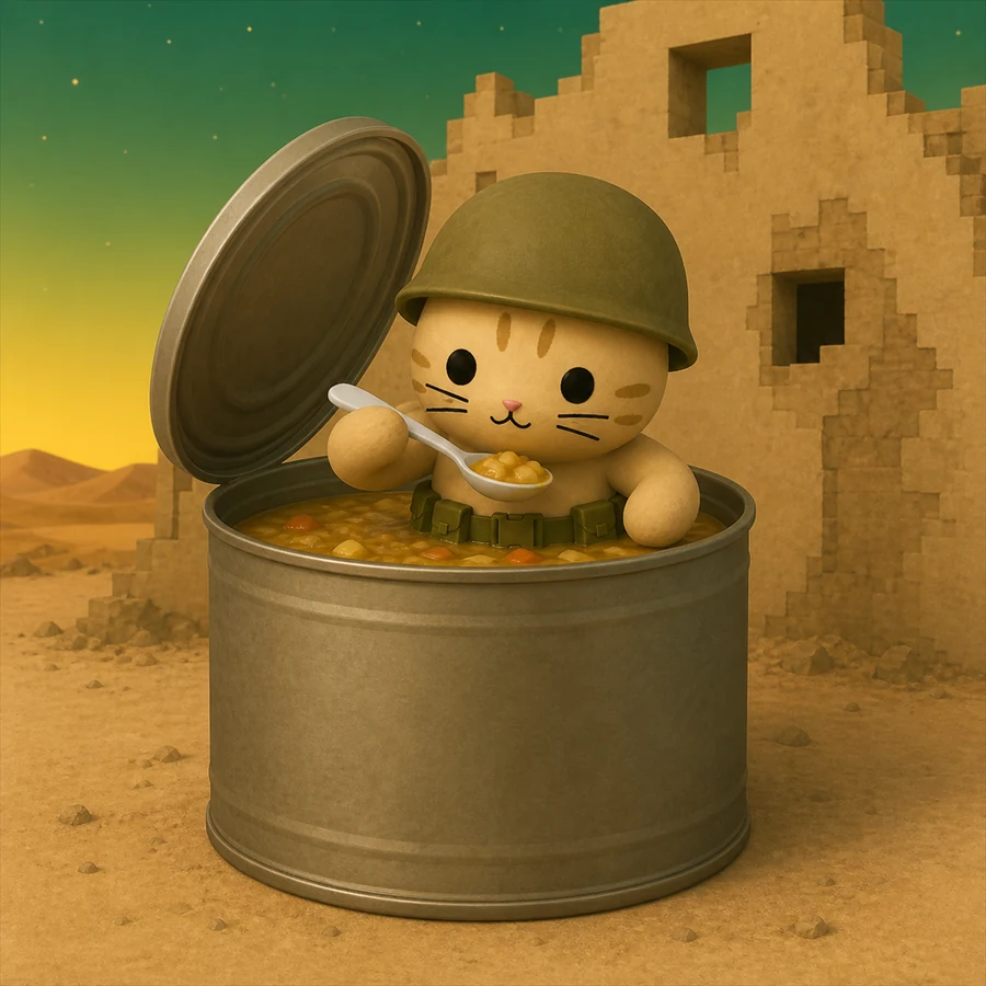 Eating out of a ration tin bigger than he is